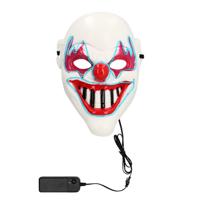 LED masker Clown horror vooraanzicht met rode neus, rode grijns en turquoise lichtlijnen rond ogen en mond