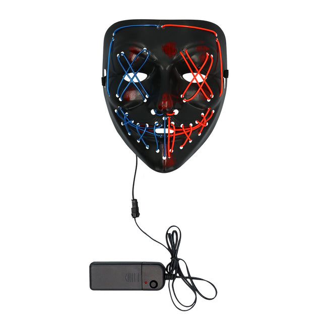 LED masker Killer smile duo uitgeschakeld, zwart gezicht met donkerrode vlekken en blauw-rode lijnen