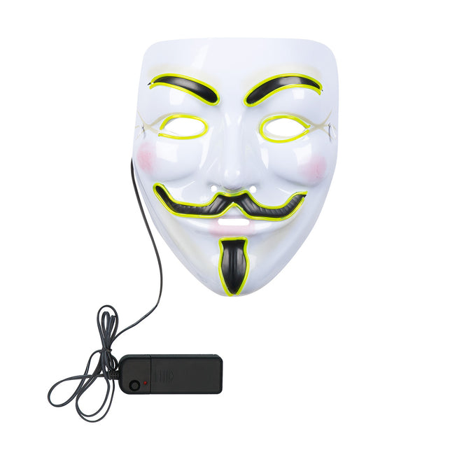 LED masker Protest van voren: wit volgelaatsmasker met snor, sikje en snoer naar de batterijhouder