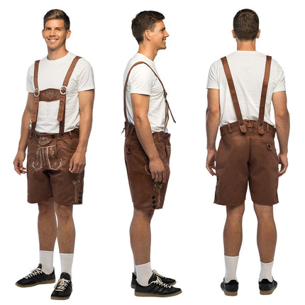 Lederhose Fritz bruin van voor, zij en achter met zakken en knopen langs de zijkant