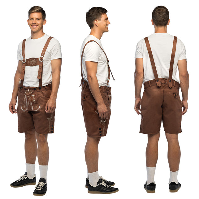 Lederhose Fritz bruin van voor, zij en achter met zakken en knopen langs de zijkant
