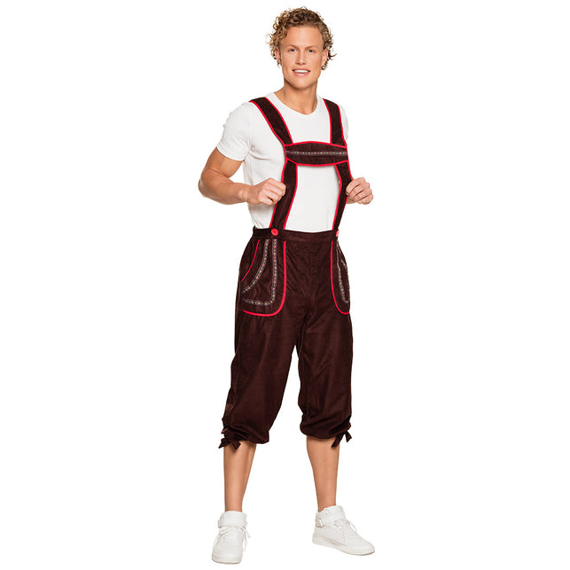 Lederhose Klaus heren bruin met rode biezen en vaste bretels, driekwart model voor Oktoberfest