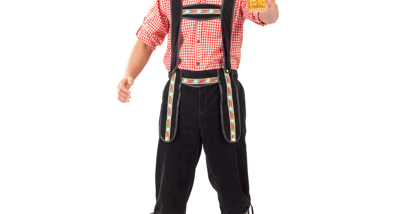 Lederhosen Lars zwarte tirolerbroek met bretels en edelweissband, gedragen door heer op Oktoberfest