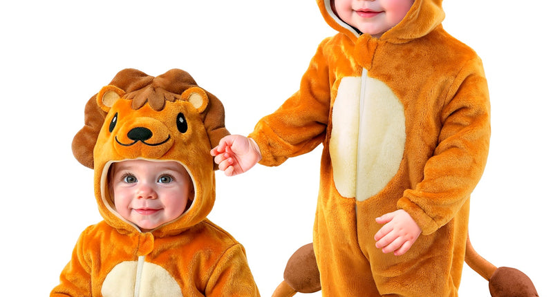 Leeuwenpak pluche fluweel Leo in oranjebruin, jumpsuit met leeuwenkap en staart voor baby en peuter