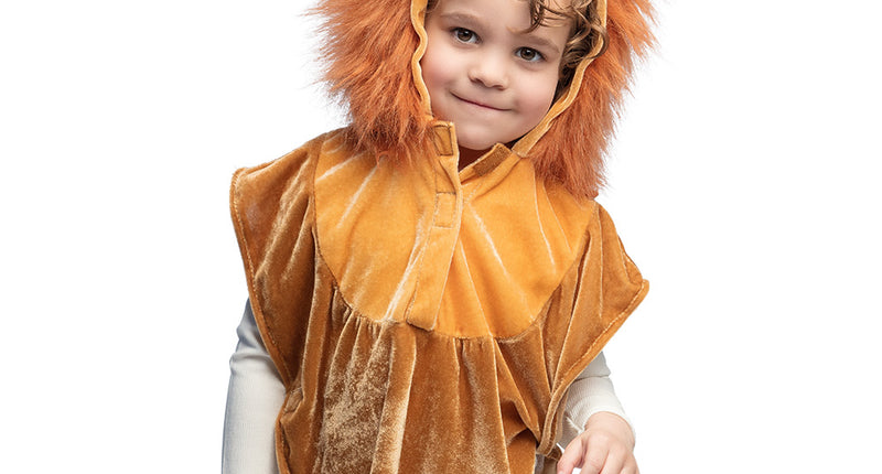 Leeuwenponcho kind in bruinoranje fluweel met capuchon met manen en oortjes, voor een dierenthemafeest