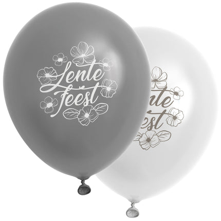 Lentefeest ballonnen grijs en wit met bloemenopdruk, latex van 30 cm