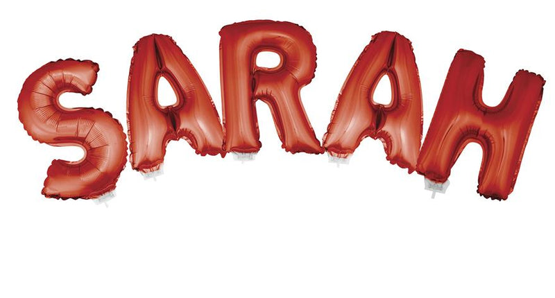 Letterballonnen Sarah in dieprode folie, vijf letters van 41 cm voor een 50e verjaardag