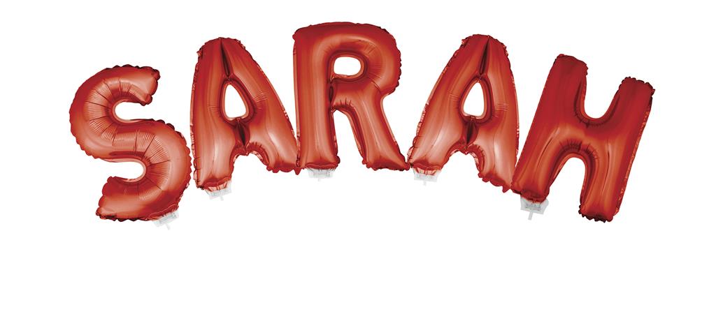 Letterballonnen Sarah in dieprode folie, vijf letters van 41 cm voor een 50e verjaardag