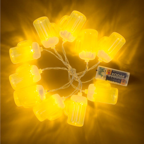 Lichtslinger 10 bierpullen brandend, gele ledlampjes met witte schuimkraag voor Oktoberfest