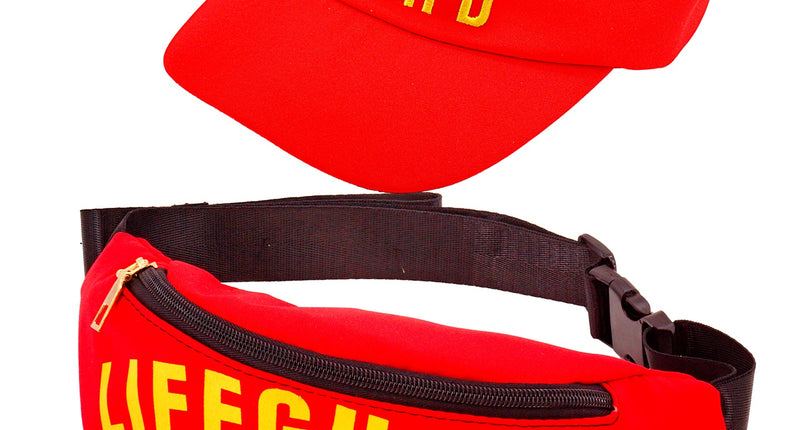 Lifeguard baywatch set met rode zonneklep GUARD en rode heuptas met geel kruis