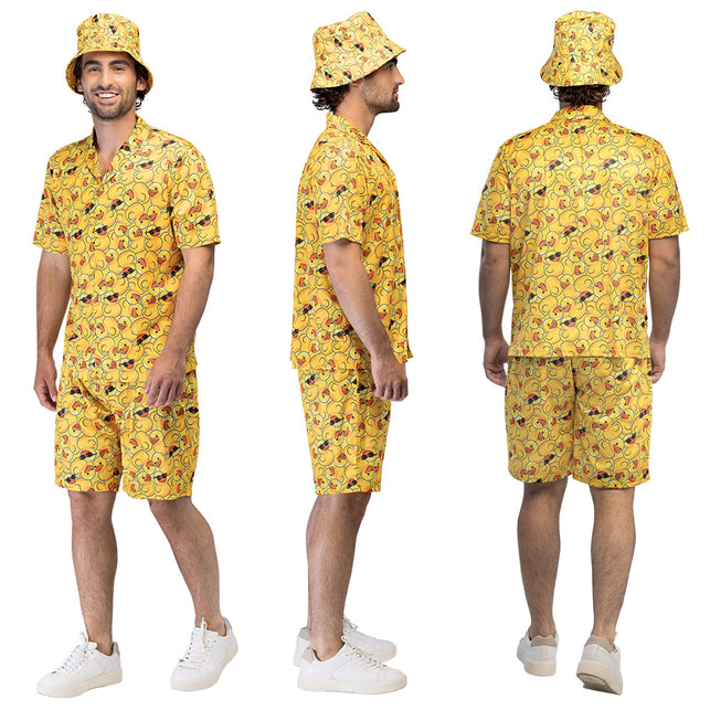 Lucky duck outfit van voren, opzij en achteren gedragen, eendjesprint doorlopend op hoed, shirt en broek