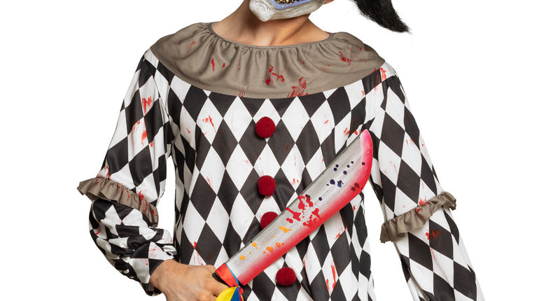 Machete horror clown van 53 cm in de hand bij een geruit clownskostuum, voor Halloween