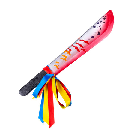 Machete horror clown met rood-wit blad, zwarte greep en rood-gele-blauwe linten aan het heft