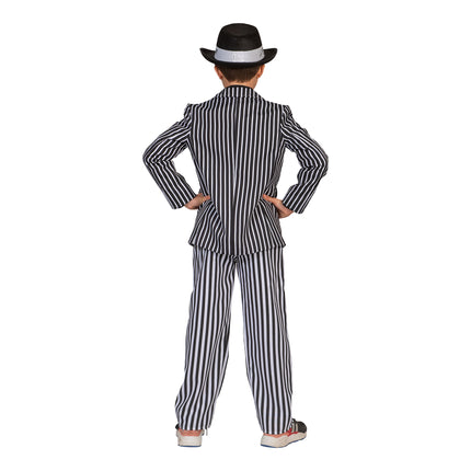Maffiapak kind achterkant, doorlopende verticale streep over jas en pantalon