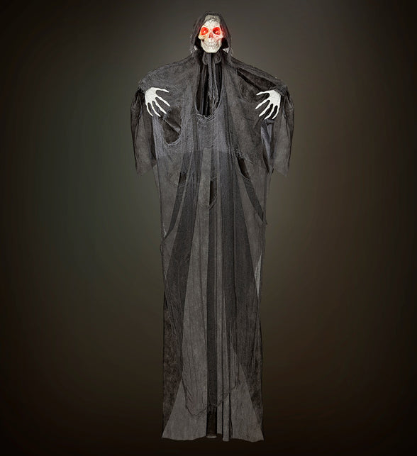 Magere Hein decoratie 240cm hangend in het donker met rode ledogen, voor Halloween