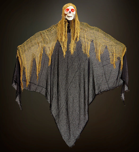 Magere Hein hangdeco hangend in het donker met okergele cape en rode ogen