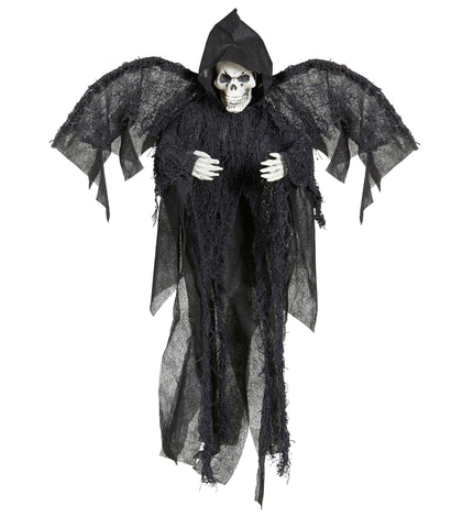 Magere Hein hangdecoratie in zwart gaas met uitgespreide vleugels en witte schedel, voor Halloween