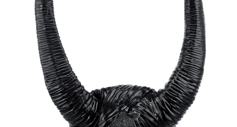 Malefica hoofddeksel zwart met twee gebogen hoorns van 30 cm, vooraanzicht