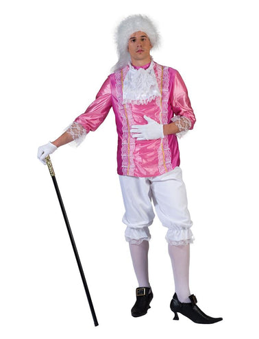 Markies kostuum Amadeo voor heren, roze bovendeel met wit kant, halsstuk en witte kniebroek voor carnaval