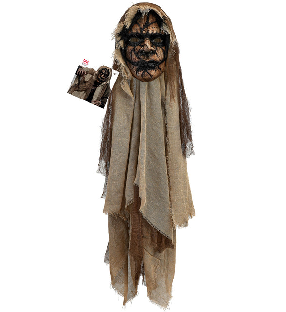 Masker met cape demonen heren, volledige lengte van de rafelige jutekleurige cape