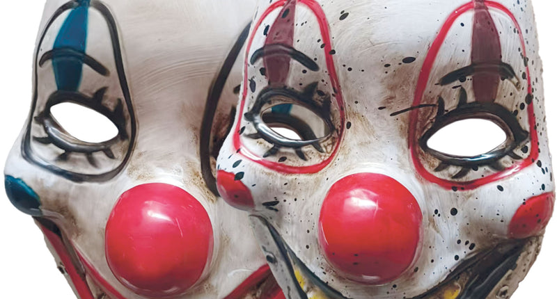 Masker clown met bewegende mond in wit met rode neus en grijnsmond, twee uitvoeringen, voor Halloween