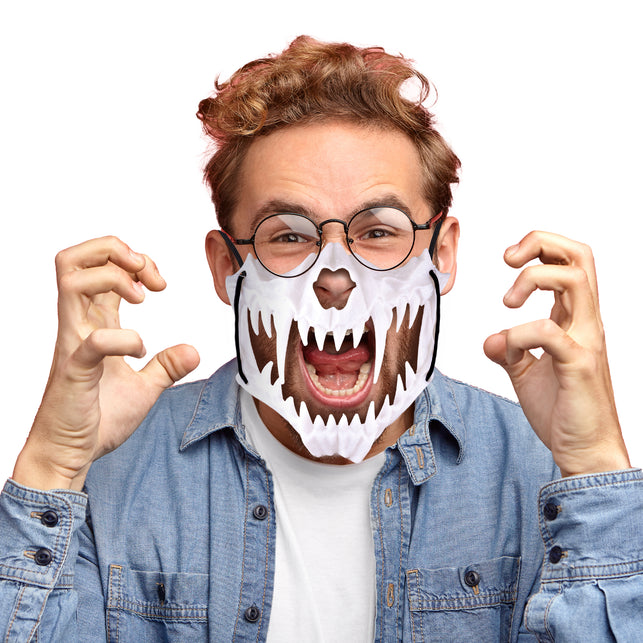 Masker dino tanden wit gedragen over de mondpartij, met zwart elastiek, voor Halloween