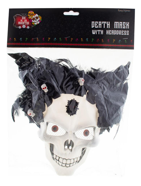 Masker doodshoofd met veren en bloemen in verpakking, Day of the dead skeletmasker met zwarte hoofdtooi