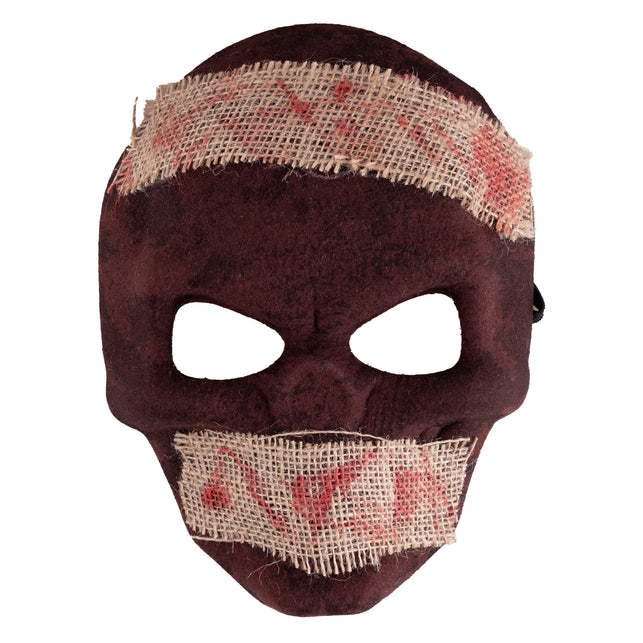 Masker doodskop in donker roodbruin met bebloede jutebanden over voorhoofd en mond