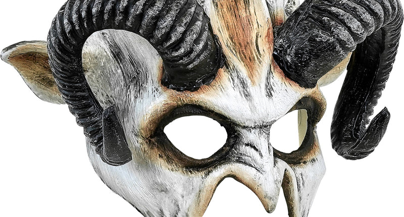 Masker duivel theater Timo, wit halfmasker met zwarte geribbelde ramshoorns en gepunte kin