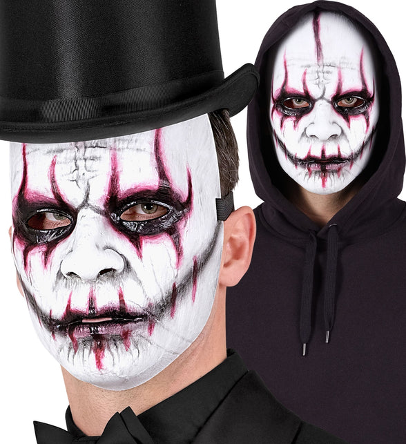 Masker evil joker Lotte gedragen met zwarte hoge hoed en met capuchon voor Halloween