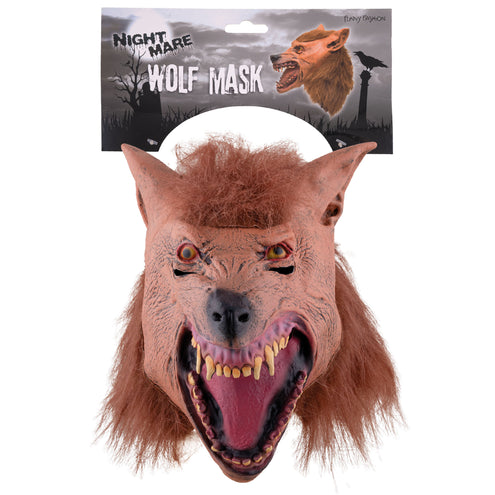 Masker gele wolf in de verpakking van Funny Fashion, hoofdmasker met roze tong en tanden