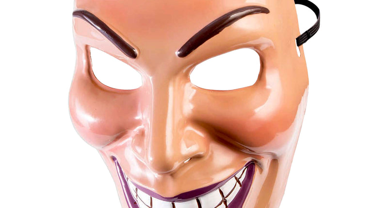 Masker glimlachend van pvc met huidkleurige voorkant, brede paarse grijns en zwart elastiek voor Halloween