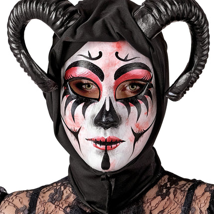 Masker met kap theater duivel gedragen door dame, zwarte kap sluit tot in de nek, voor Halloween