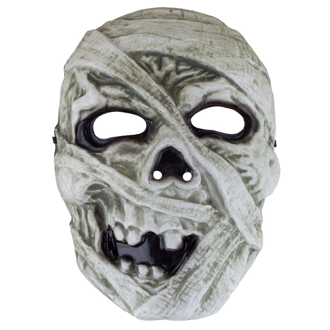 Masker mummie in vuilwit met zwachtelreliëf, zwarte oogholtes en tanden, voor Halloween
