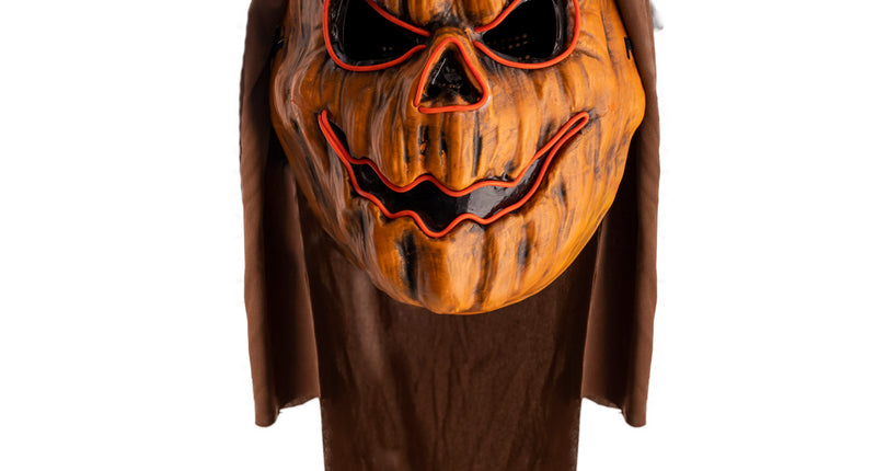 Masker pompoen met capuchon in oranje met zwarte schaduwen en bruine capuchon, voor Halloween