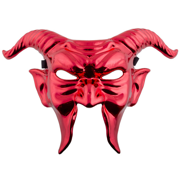 Masker rode duivel van glanzend rood PVC met gebogen ramshoorns en gepunte wangen