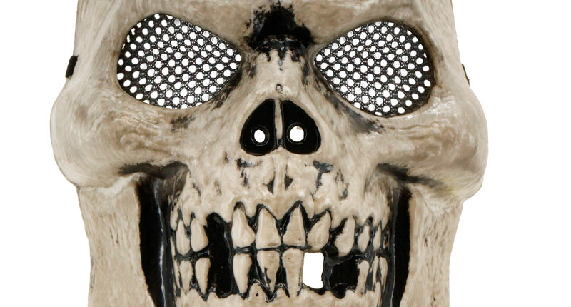 Masker schedel Emma in botkleur met zwart gaas in de oogkassen en zwart omlijnde tandenrij