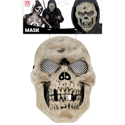 Masker schedel Emma op verpakkingskaart van Widmann met schedelmasker in vooraanzicht