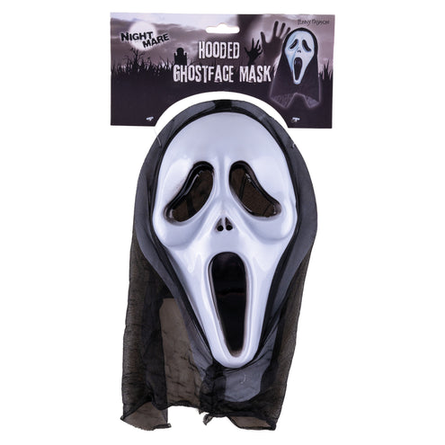 Masker scream met kap op verpakkingskaart, wit gezicht met zwarte omrande ogen en gazen kap