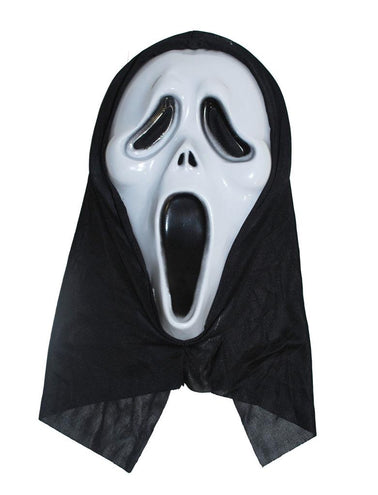 Masker scream met kap in wit met zwarte gazen kap en wijd opengesperde mond voor Halloween