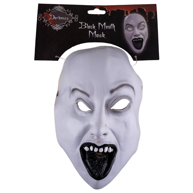 Masker vampier wit op verpakkingskaart, wit gezichtsmasker met grijze schaduwen en zwarte mond