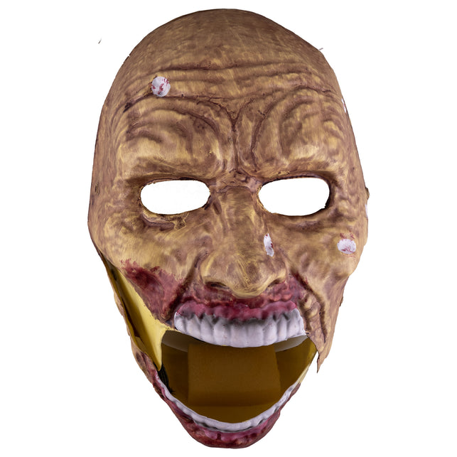 Masker zombie met bewegende kaak, huidkleurig gezicht met wonden en witte tanden, voor Halloween