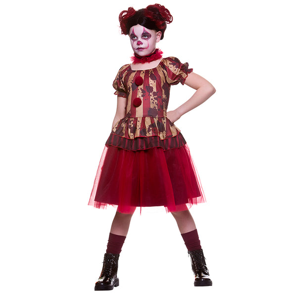 Meisje in zombie clown kostuum met rood-zwarte knotjes en griezelige clownschmink