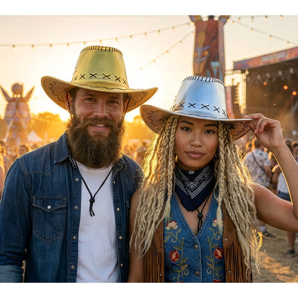 Metallic zilveren cowboyhoed Savanne met kruissteken rond de bol, gedragen bij een cowgirloutfit