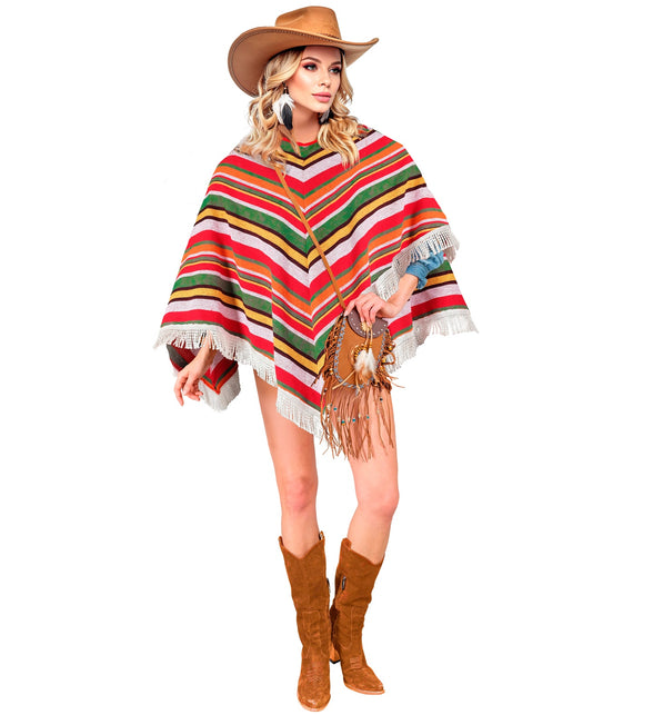 Mexicaanse poncho Sanne op dame, gestreepte schouderponcho tot op de heup met franjes