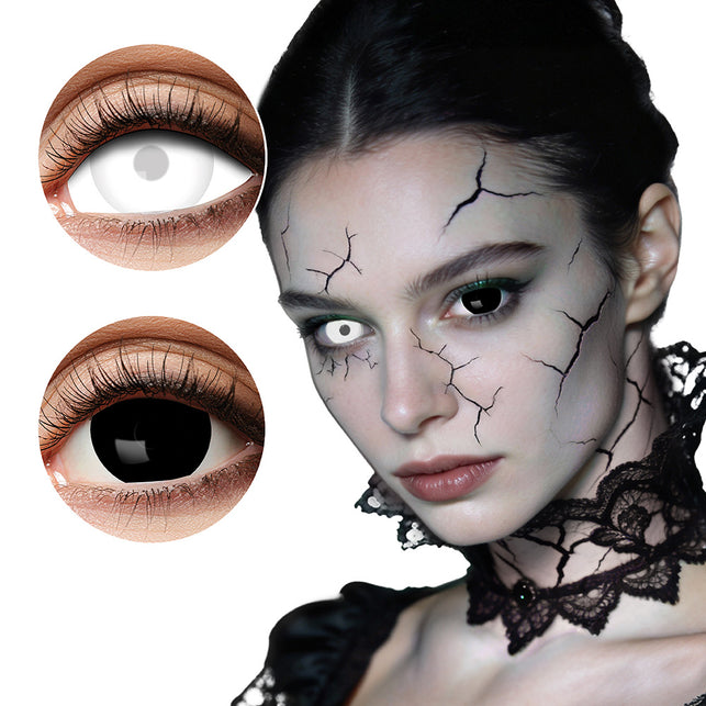 Mini sclera Eclipse contactlenzen met witte en zwarte lens naast een gedragen look met gebarsten Halloween-schmink