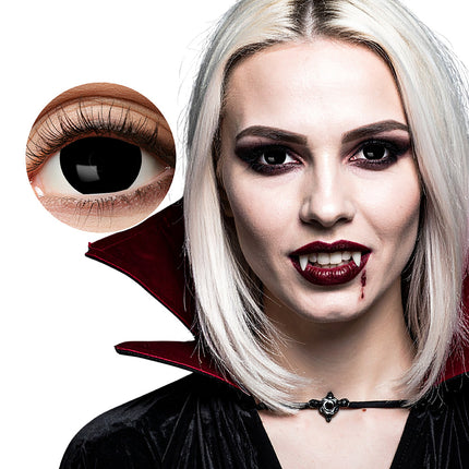 Mini sclera Night contactlenzen zwart met diepdonkere iris, gedragen bij een vampierlook voor Halloween