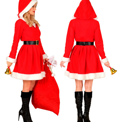 Miss santa jurk van voor en achter: capuchon met bontrand en zwarte riem in de taille