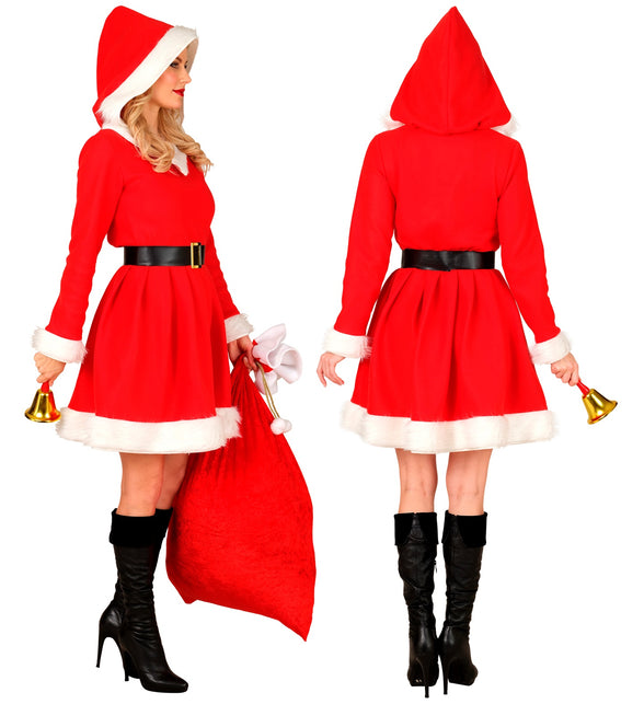 Miss santa jurk van voor en achter: capuchon met bontrand en zwarte riem in de taille