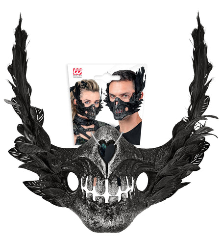 Mondmasker schedel met veren met verpakkingskaart, halve schedel met open tandenrij